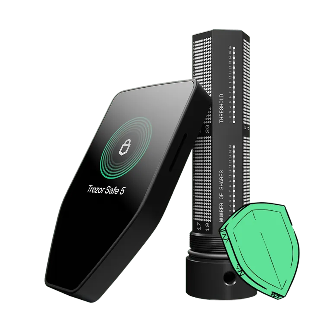 Trezor Safe 5ハードウェアウォレットと、堅牢なメタル製バックアップツール「Trezor Keep」の製品写真。手前にはセキュリティを象徴する緑色のシールドアイコンが配置されています。