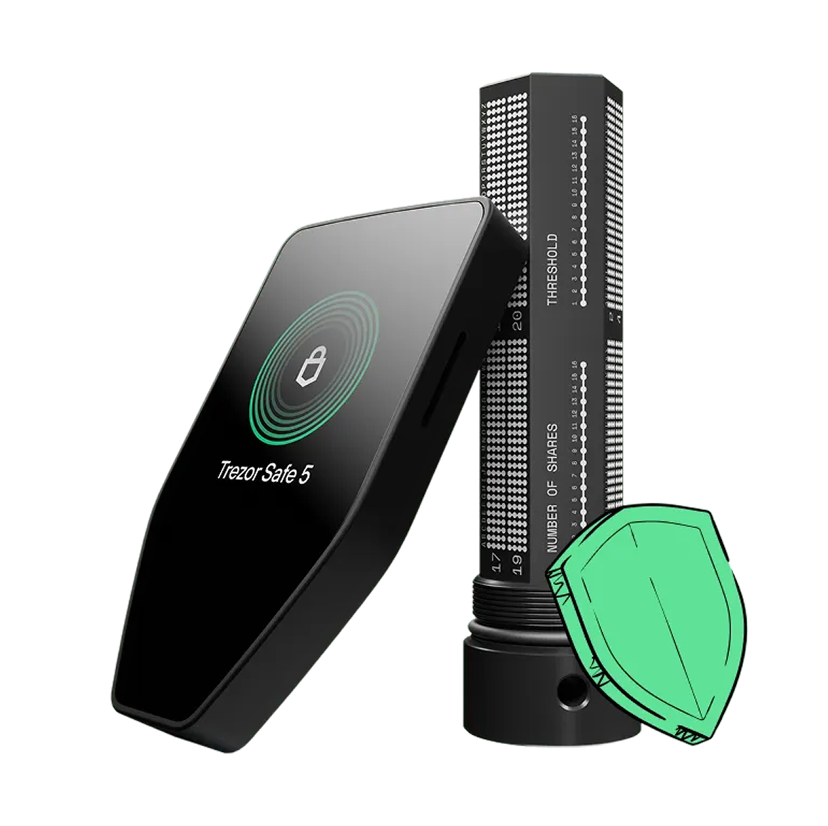 Trezor Safe 5ハードウェアウォレットと、堅牢なメタル製バックアップツール「Trezor Keep」の製品写真。手前にはセキュリティを象徴する緑色のシールドアイコンが配置されています。