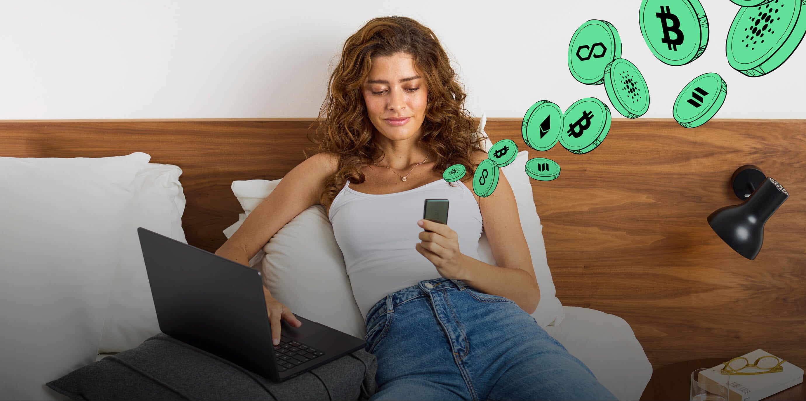 A woman sitting and looking at a Trezor Safe 7.