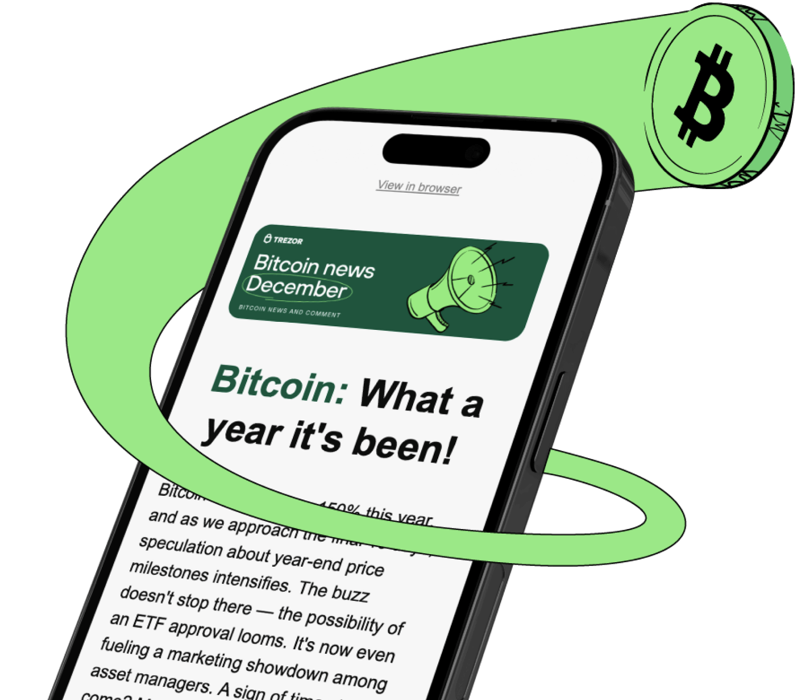 A smartphone showing a "Bitcoin news December" article, wrapped in a green ribbon that turns into a Bitcoin symbol at the end.