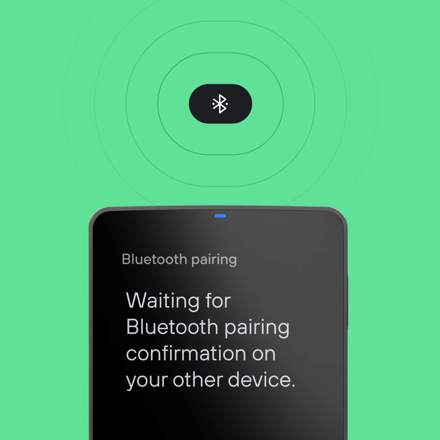 Trezor Safe 7 hardware wallet displaying a message “Waiting for confirmation on host device” during Bluetooth pairing process.
