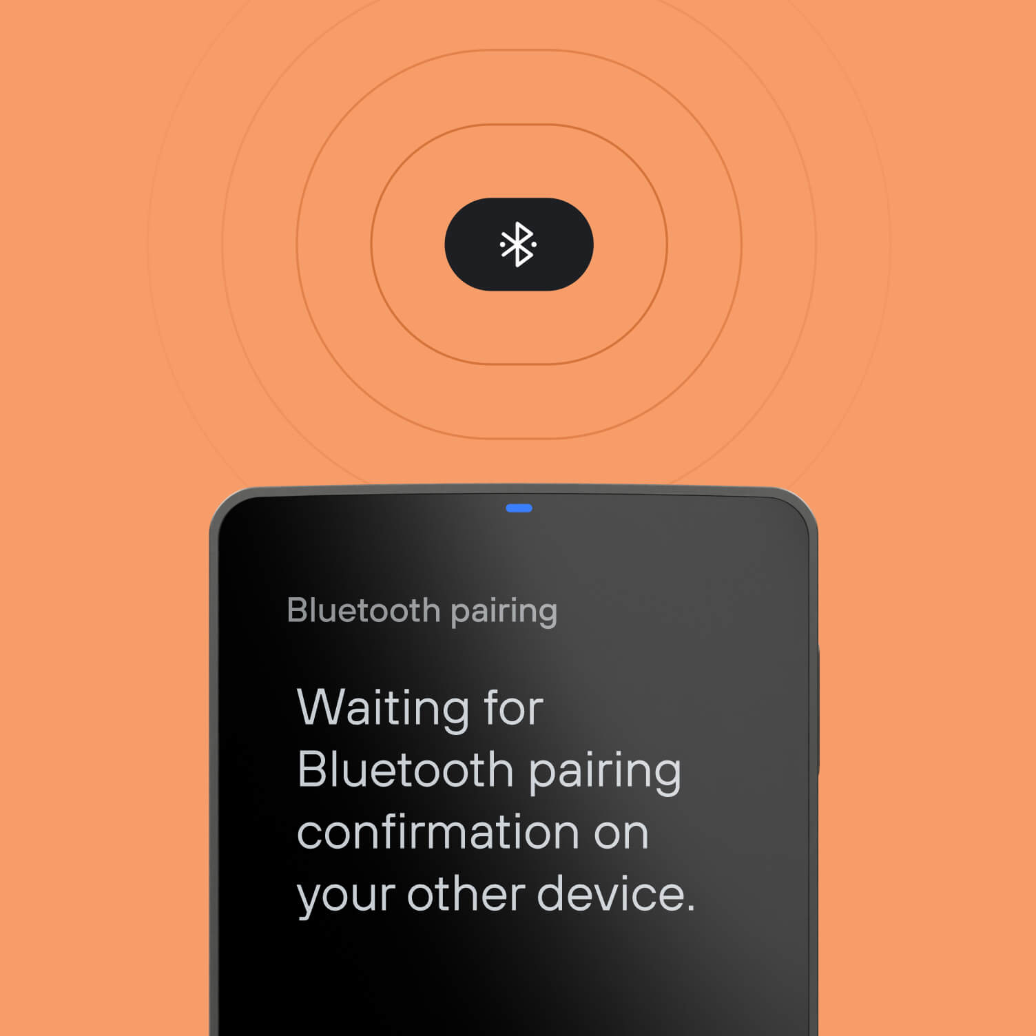 Trezor safe 7 hardware wallet displaying a message “Waiting for confirmation on host device” during Bluetooth pairing process.