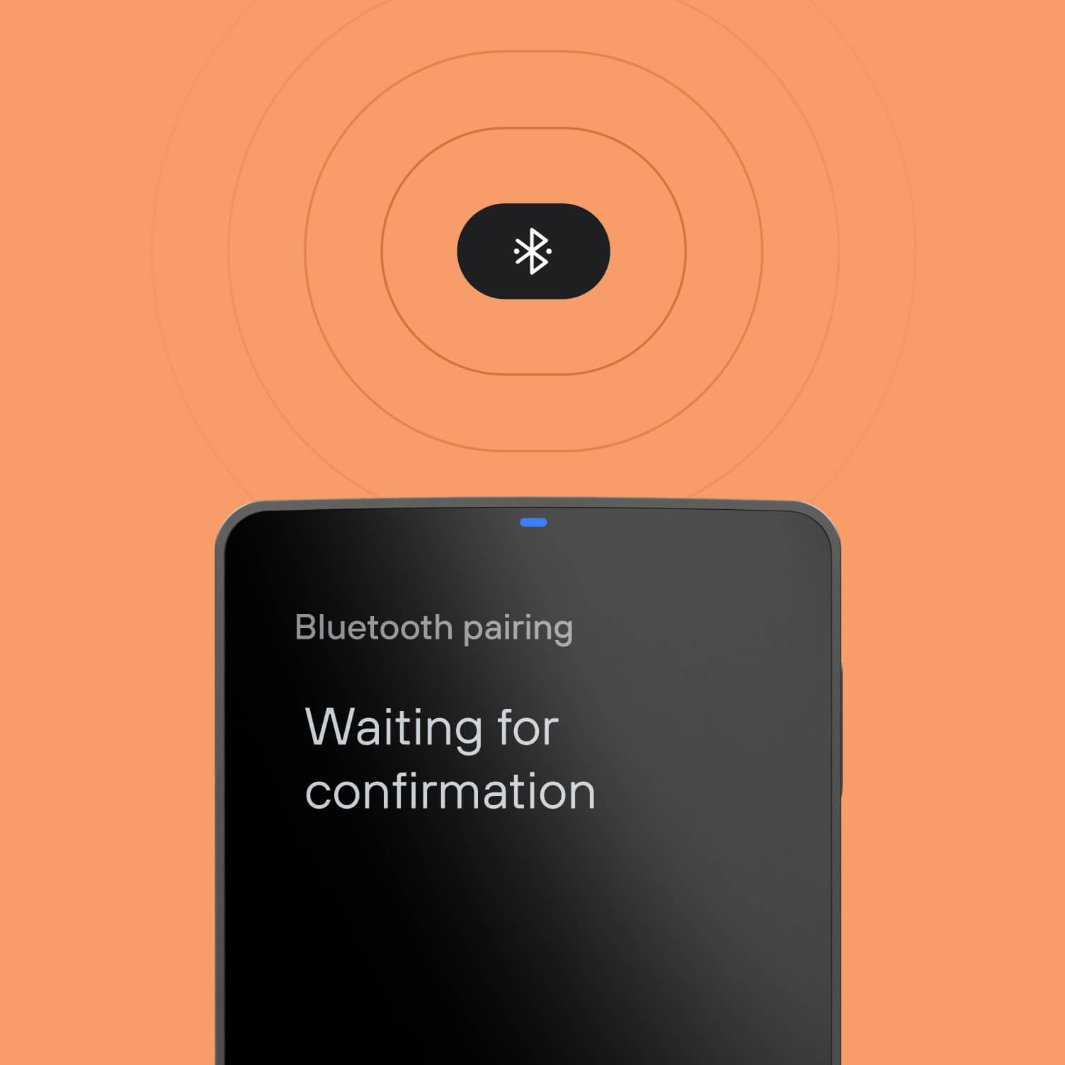 Trezor safe 7 hardware wallet displaying a message “Waiting for confirmation on host device” during Bluetooth pairing process.