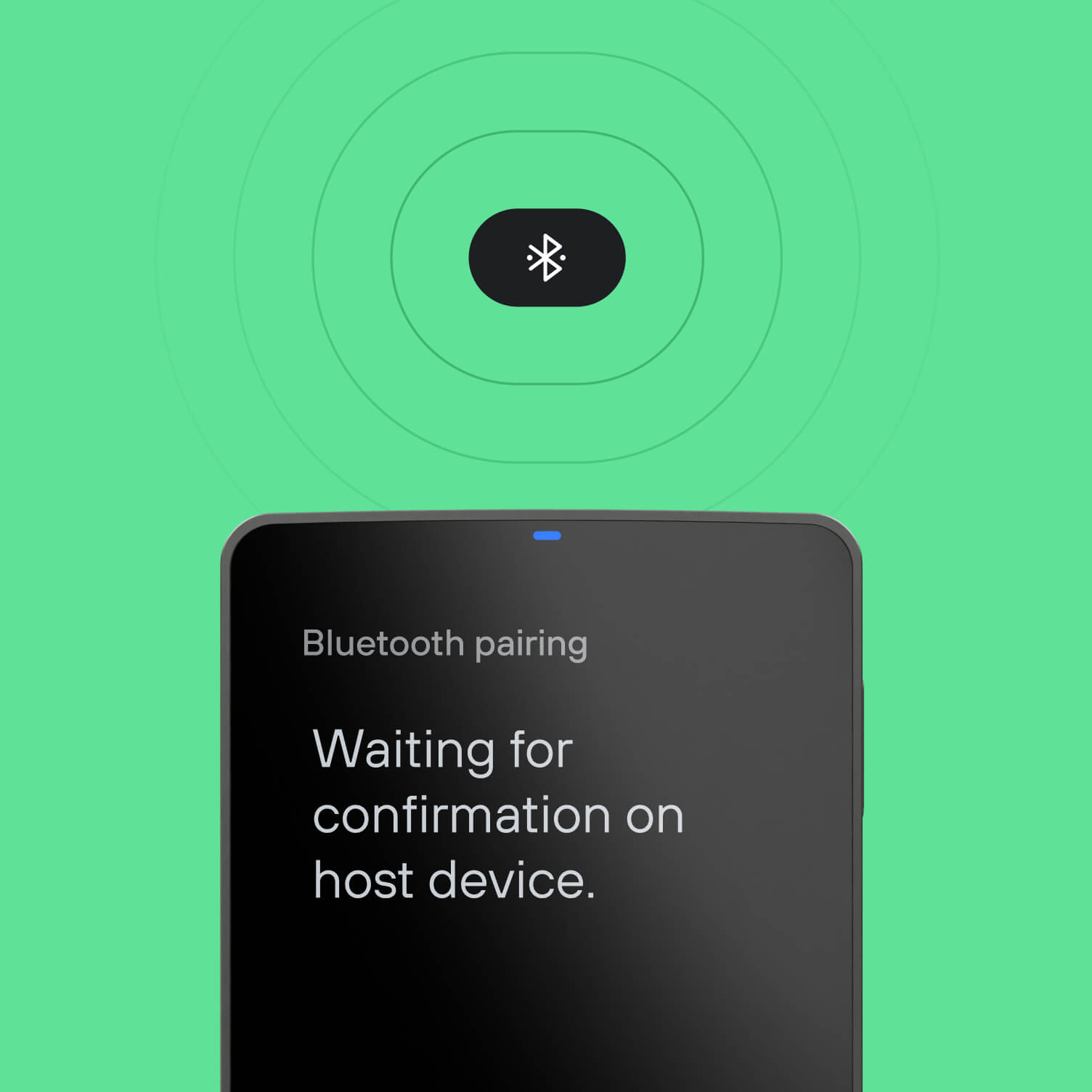 Trezor safe 7 hardware wallet displaying a message “Waiting for confirmation on host device” during Bluetooth pairing process.