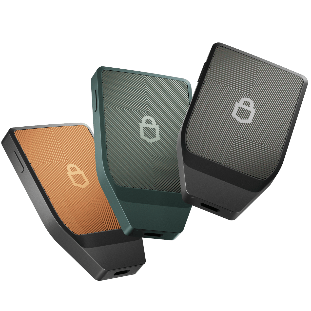 Back of Trezor Safe 7 in Charcoal black, Obsidian green, and BTC orange.