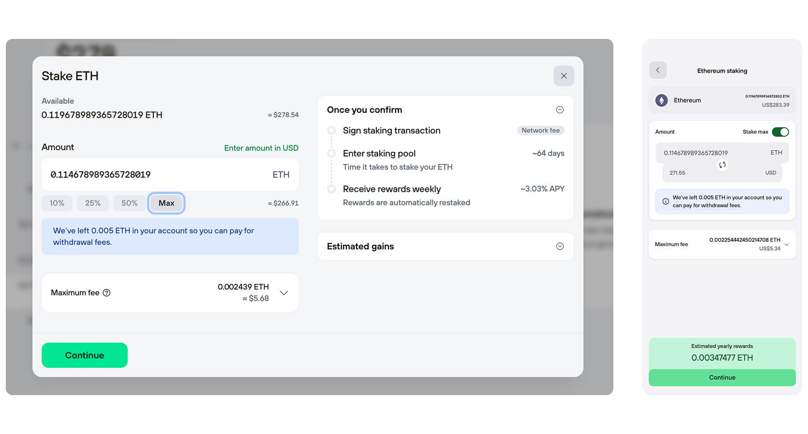Trezor Suite staking screen with the amount of ETH to stake entered