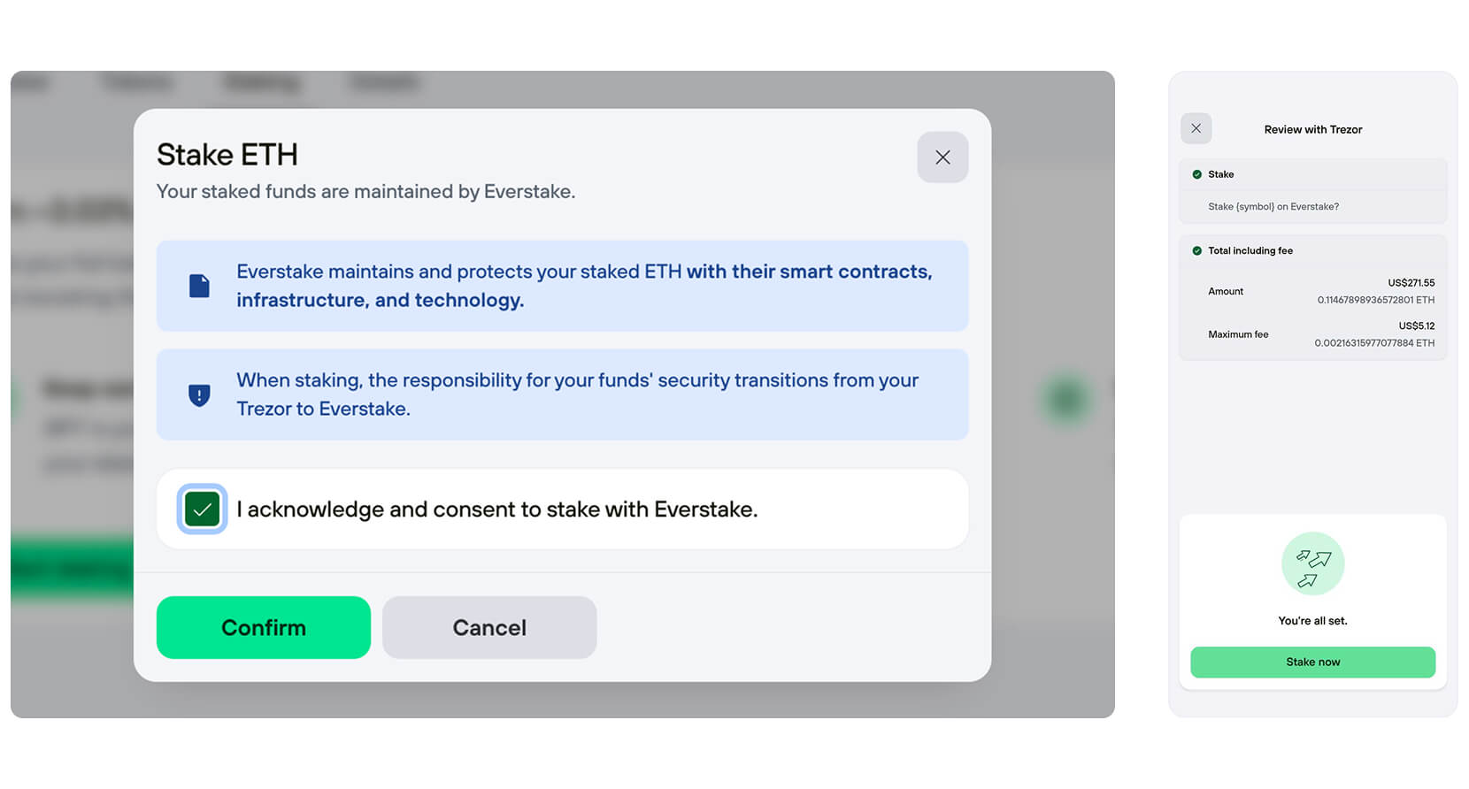 Trezor Suite confirmation screen to review and begin staking ETH with Everstake