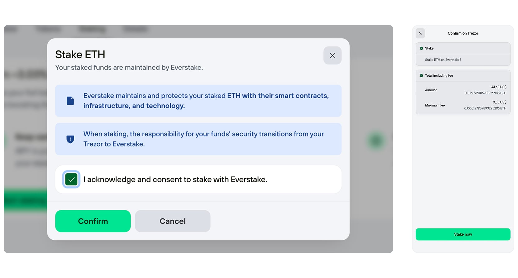 Trezor Suite confirmation screen to review and begin staking ETH with Everstake