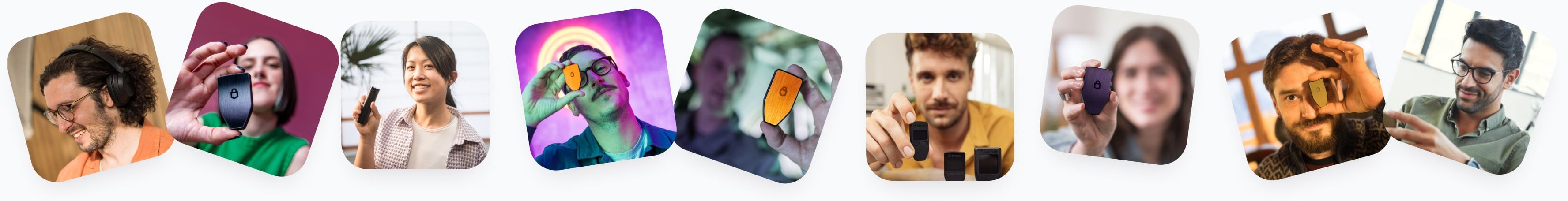 A collage of diverse people holding or using Trezor devices in settings like indoors, outdoors, and tech-lit environments.