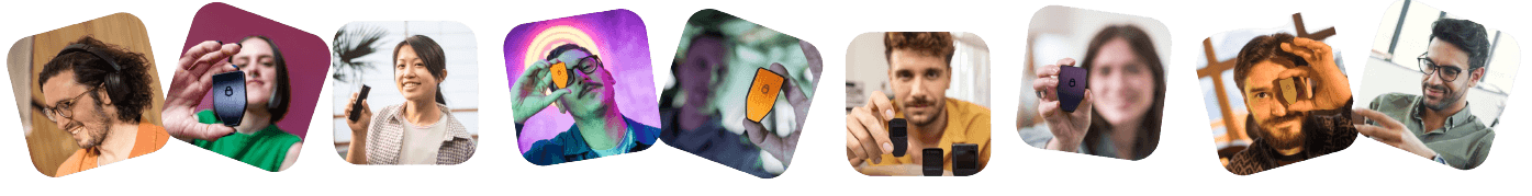 A collage of diverse people holding or using Trezor devices in settings like indoors, outdoors, and tech-lit environments.