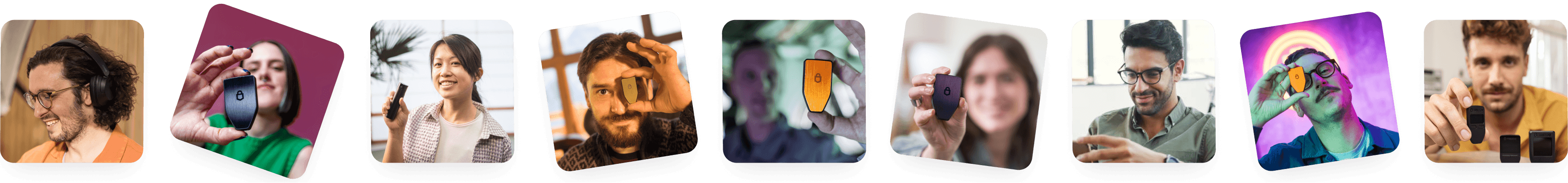 Un collage de diversas personas sosteniendo o usando dispositivos Trezor, en distintos entornos como interiores, exteriores y espacios con iluminación tecnológica.