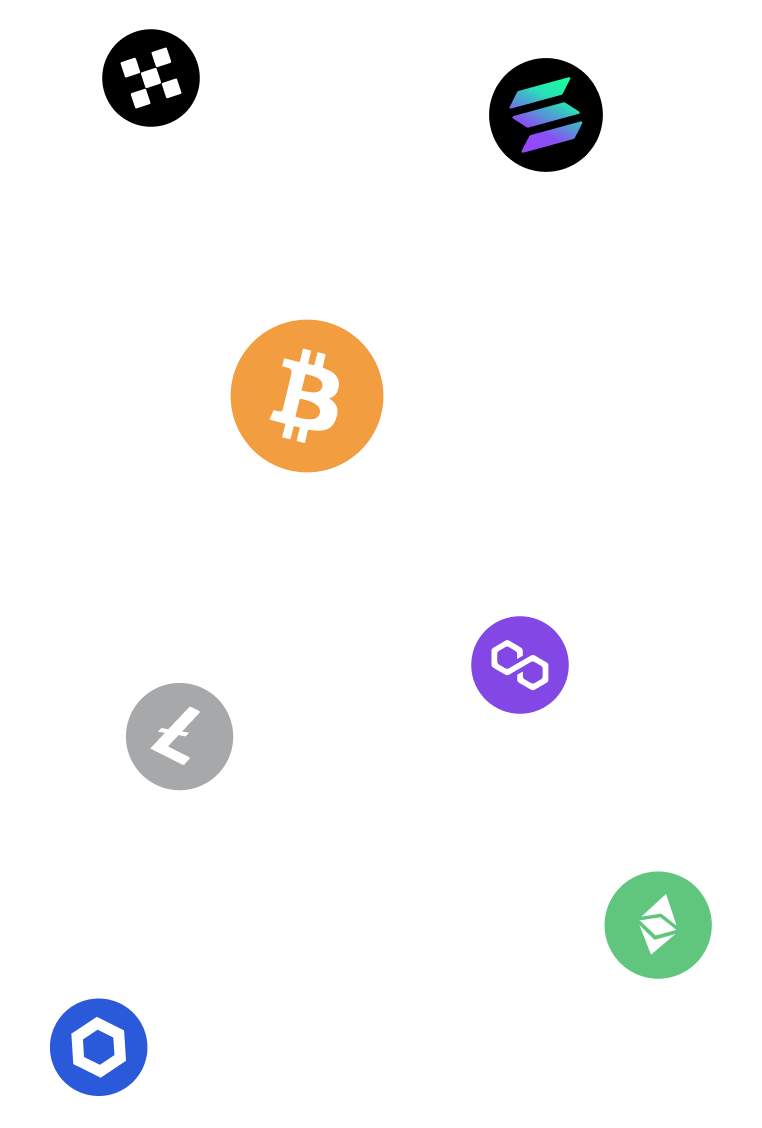 Collection of popular cryptocurrency coins supported by Trezor Suite - left view