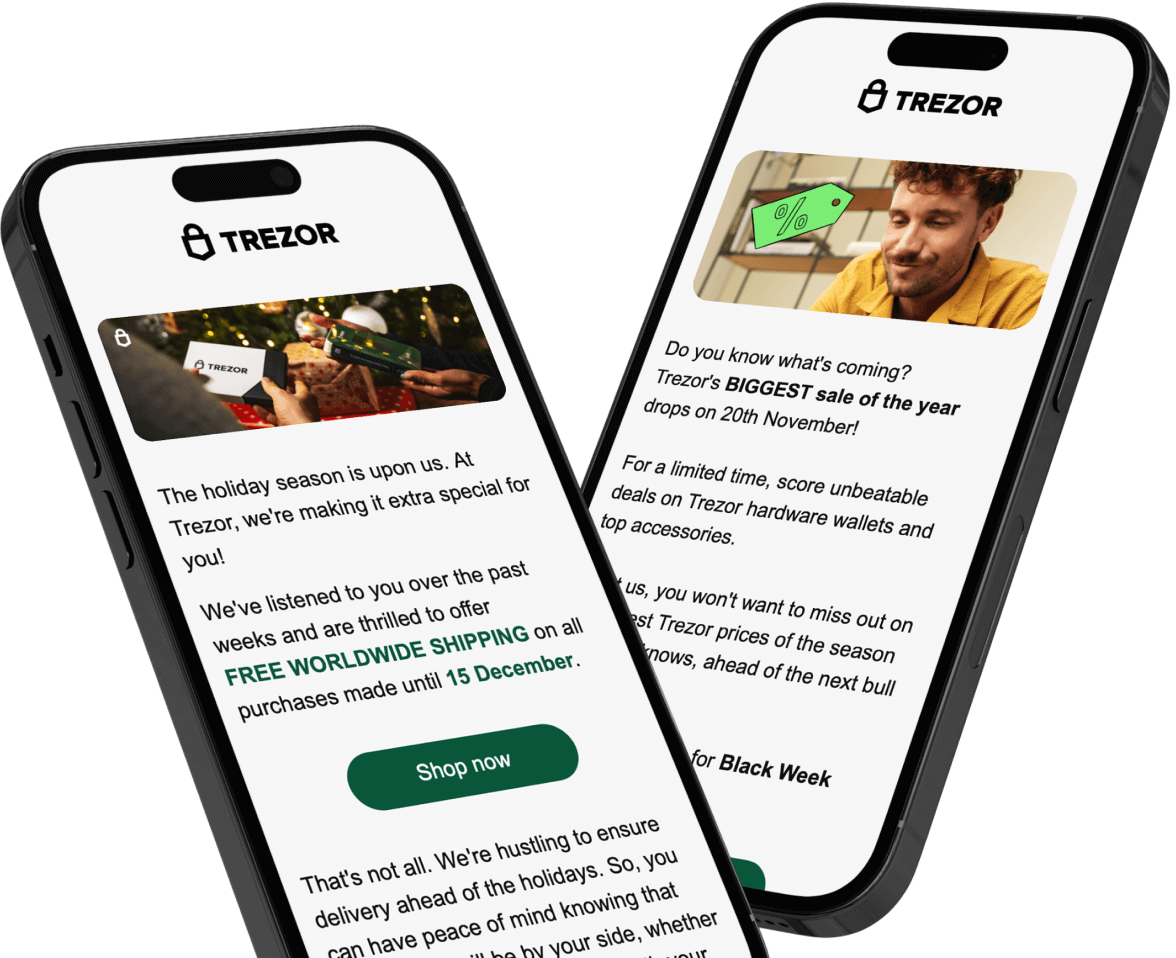 Two smartphones showing Trezor promotional emails. The left shows a message about free worldwide shipping on all orders until December 15, with a green “Shop now” button. The right announces Trezor’s biggest sale of the year starting November 20, featuring deals on hardware wallets and accessories. Both screens display the Trezor logo at the top.