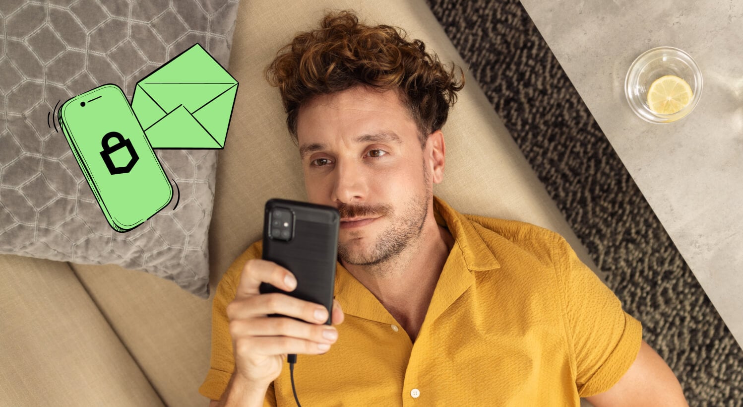 Man lying on a couch looking at his smartphone, with illustrated icons of a phone, envelope, and padlock symbolizing secure messaging.