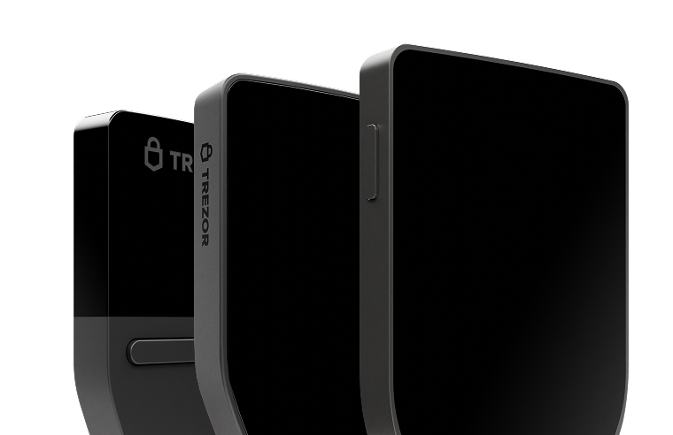 Trezor Safe 3, Safe 5, and Safe 7 hardware crypto wallets displayed side by side in black.